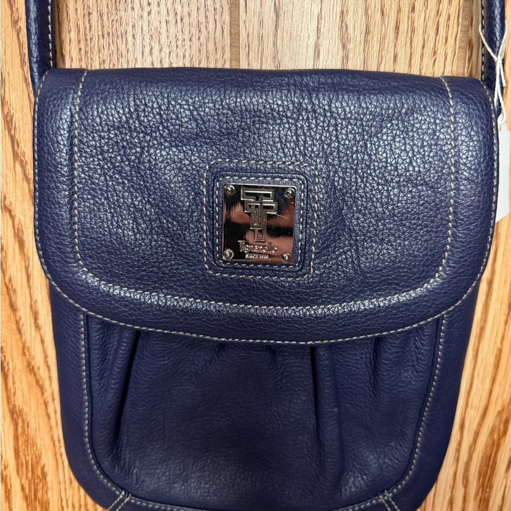 Tignanello Navy and Gold Chain Print Bag